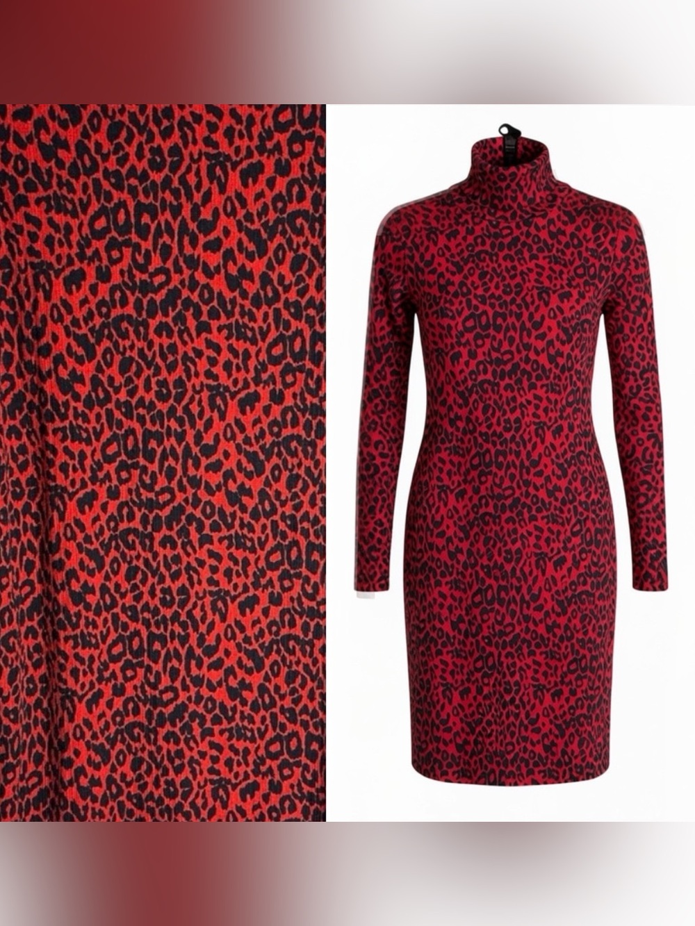 Turtleneck Dress Large Red Black Leopard Print Zara Trafaluc